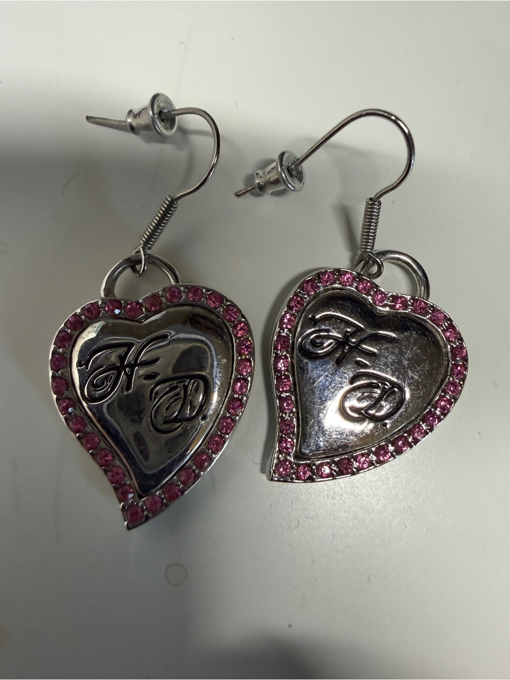 Harley-Davidson Pink Rhinestone Heart Dangle Earrings